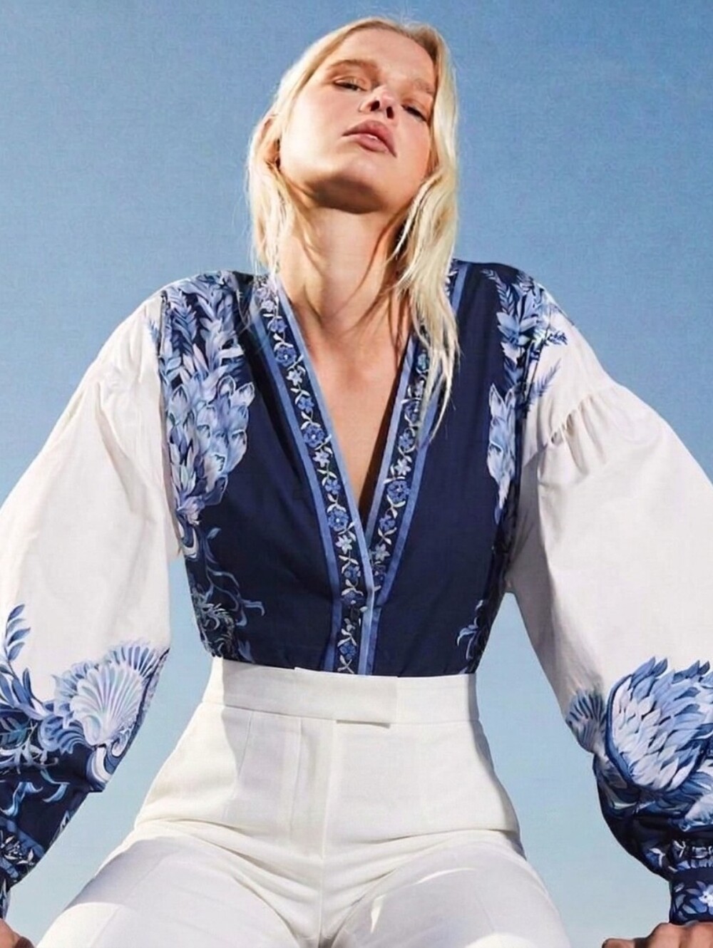 Twin-Set | Colour-blocked Tunic Blouse with Floral Pattern and Puff Sleeves